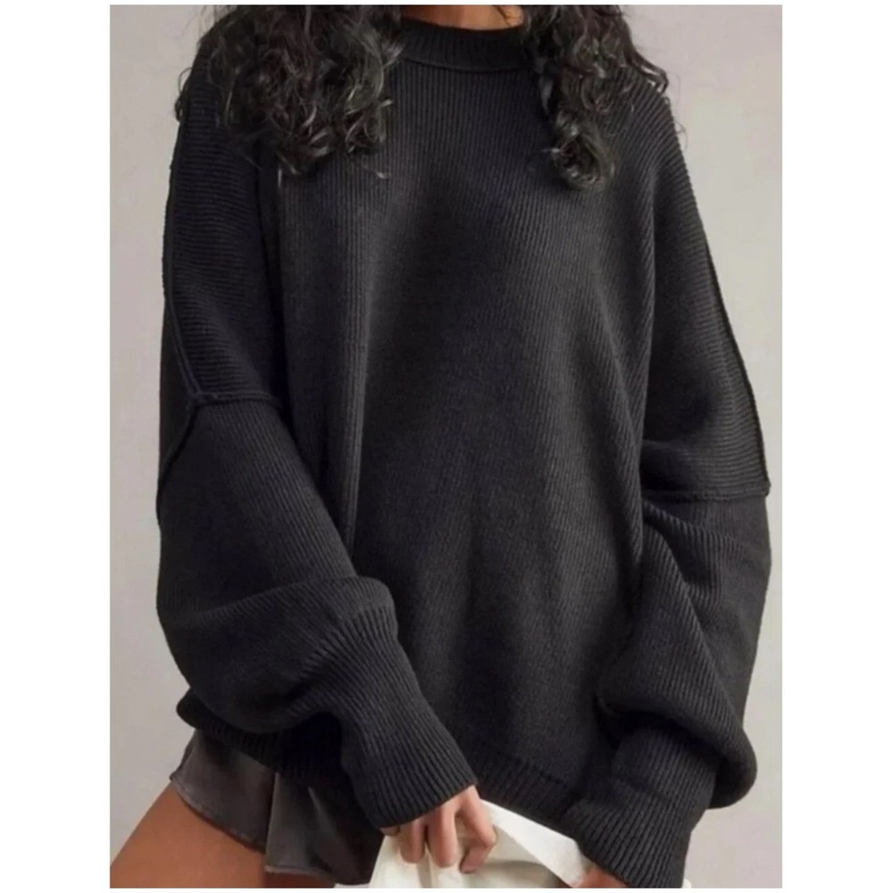 Free People Womens Medium Ottoman Slouchy Tunic Ribbed Mock Neck Sweater Black